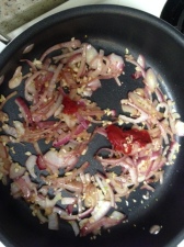 Sauteed 1/2 red onions with 4 cloves garlic, then caramelized with 1 TBS tomato paste