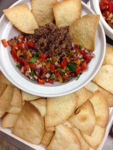 Black Bean Hummus with Roasted Peppers Salsa served with Baked Tortilla chips